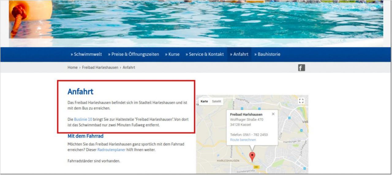 Nicht mehr aktuell: Linie 10 fährt das Schwimmbad Harleshausen nicht mehr an Screenshot Webseit kassel-baeder.de